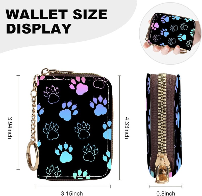 Luoycxy Credit Card Holder for Women,Small Rfid Wallet with Keychain Zipper,Cute PU Leather Card Case Wallet，Accordion Credit Card Wallets Gift,Colorful Paw Prints - Image 4